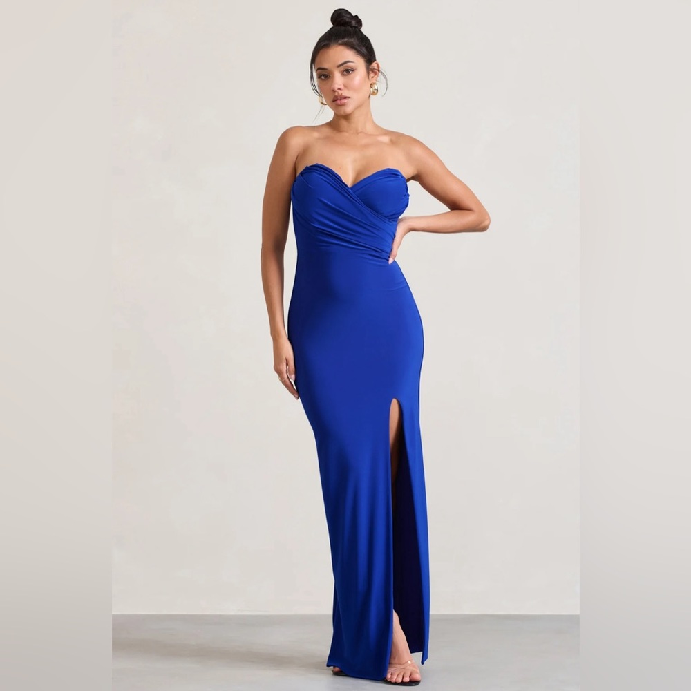 Club London Blue Strapless Maxi Dress with Slit